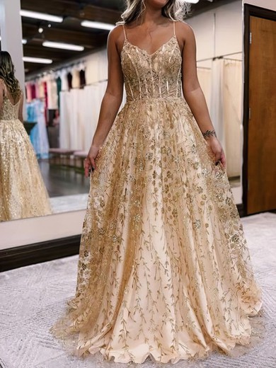 Ball Gown/Princess V-neck Glitter Floor-length Prom Dresses With Appliques Lace #UKM020119679