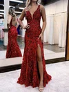 Trumpet/Mermaid V-neck Lace Sweep Train Prom Dresses With Beading #UKM020119681