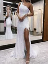 Trumpet/Mermaid One Shoulder Sequined Sweep Train Prom Dresses With Beading #UKM020119687