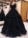 Ball Gown/Princess V-neck Tulle Glitter Sweep Train Prom Dresses With Tiered #UKM020119689