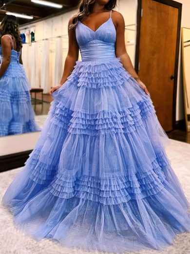 Ball Gown/Princess V-neck Tulle Glitter Sweep Train Prom Dresses With Tiered #UKM020119690