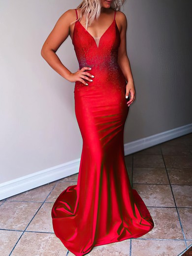 Trumpet/Mermaid V-neck Jersey Sweep Train Prom Dresses With Crystal Detailing #UKM020119692