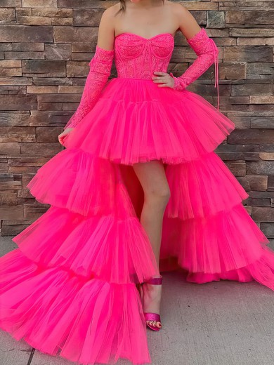 Ball Gown/Princess Sweetheart Lace Tulle Asymmetrical Prom Dresses With Tiered #UKM020119701