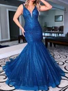 Mermaid V-neck Tulle Prom Dresses With Appliques #UKM020119704
