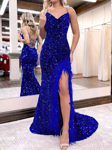 Trumpet/Mermaid V-neck Velvet Sequins Sweep Train Prom Dresses With Feathers / Fur #UKM020119710
