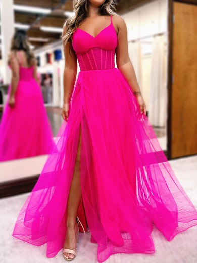 Ball Gown/Princess V-neck Tulle Sweep Train Prom Dresses With Ruched #UKM020119717