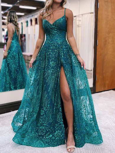 Ball Gown/Princess V-neck Glitter Sweep Train Prom Dresses With Split Front #UKM020119741