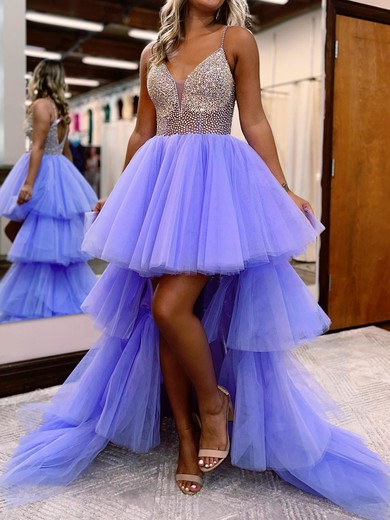 Ball Gown/Princess V-neck Tulle Asymmetrical Prom Dresses With Tiered #UKM020119744