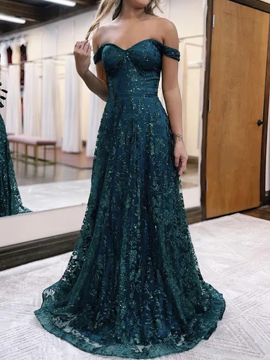 Ball Gown Off-the-shoulder Lace Sparkly Prom Dresses #UKM020119746
