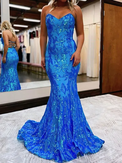 Mermaid Strapless Sparkly Sequin Prom Dresses #UKM020119750