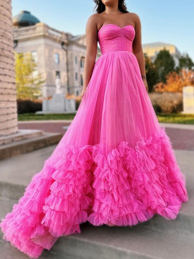 Ball Gown/Princess Sweetheart Tulle Glitter Sweep Train Prom Dresses With Ruched #UKM020119756