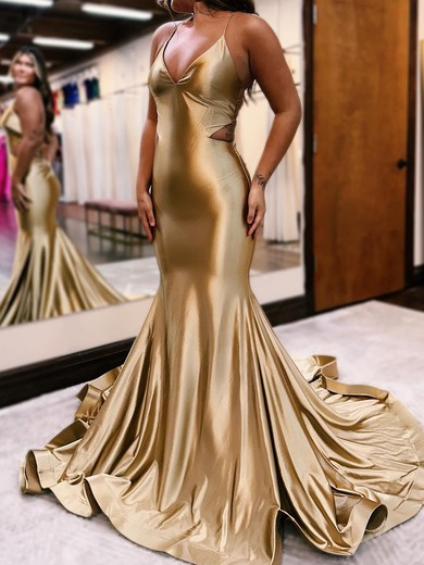 Trumpet/Mermaid V-neck Jersey Court Train Prom Dresses With Ruched #UKM020119757