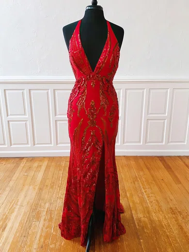 Mermaid V-neck Backless Sparkly Sequin Prom Dresses #UKM020119778