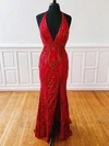 Trumpet/Mermaid V-neck Sequined Sweep Train Prom Dresses With Split Front #UKM020119778