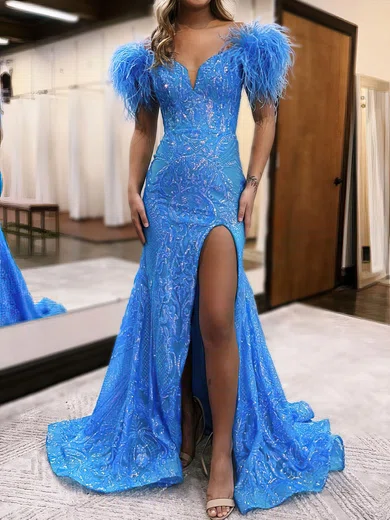 Mermaid Off-the-shoulder Sparkly Sequin Prom Dresses With Feather #UKM020119782