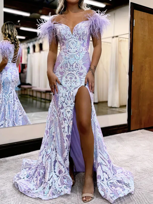 Trumpet/Mermaid Off-the-shoulder Sequined Sweep Train Prom Dresses With Split Front #UKM020119783