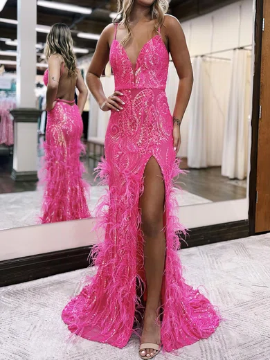 Sheath/Column V-neck Backless Sparkly Sequin Prom Dresses With Feather #UKM020119788