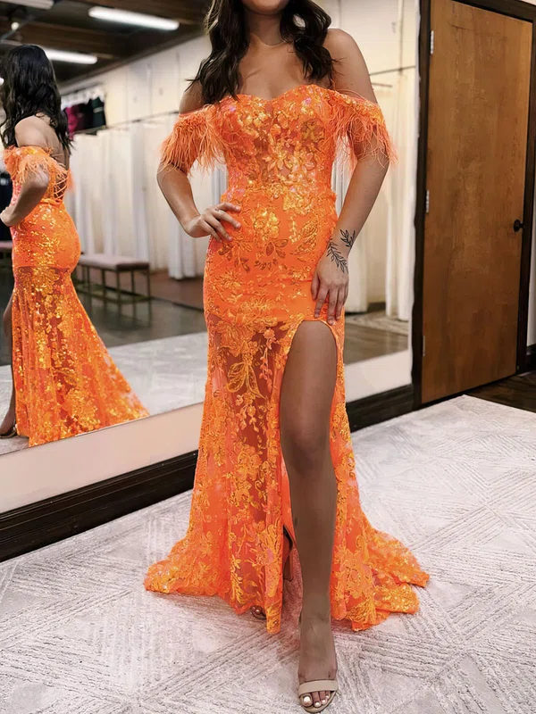 Mermaid Off-the-shoulder Sparkly Sequin Prom Dresses With Feather #UKM020119795