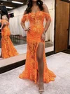 Mermaid Off-the-shoulder Sparkly Sequin Prom Dresses With Feather #UKM020119795
