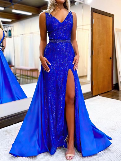 Trumpet/Mermaid V-neck Satin Sequined Watteau Train Prom Dresses With Beading #UKM020119802