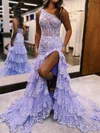Ball Gown/Princess One Shoulder Tulle Sweep Train Prom Dresses With Appliques Lace #UKM020119809