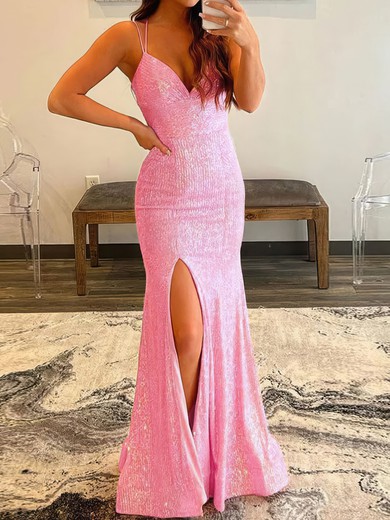 Mermaid V-neck Sparkly Sequin Backless Prom Dresses #UKM020119579