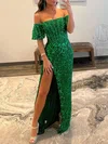 Sheath/Column Off-the-shoulder Velvet Sequins Floor-length Prom Dresses With Split Front #UKM020119649