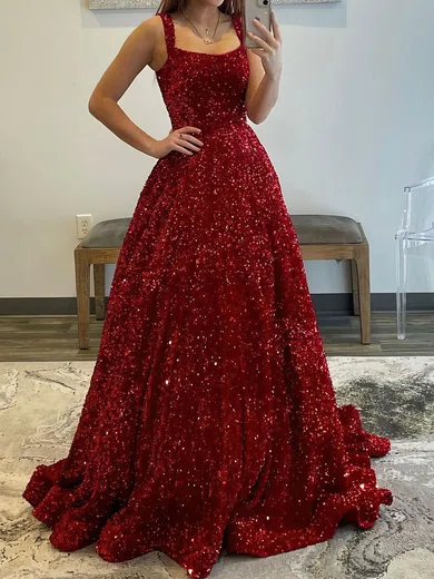 Ball Gown Scoop Neck Sparkly Velvet Sequin Prom Dresses With Ruched #UKM020119648