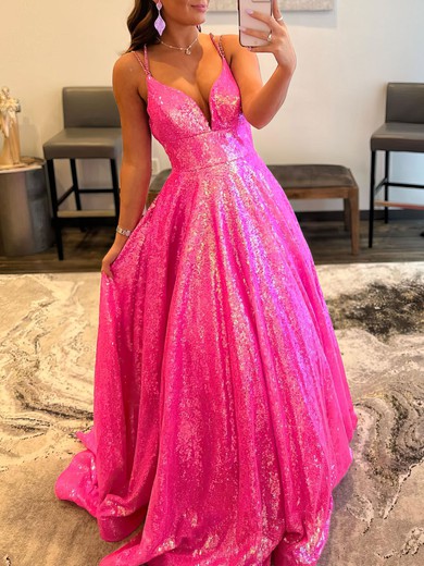 Ball Gown/Princess V-neck Sequined Floor-length Prom Dresses With Beading #UKM020119657