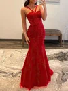 Trumpet/Mermaid Halter Tulle Sweep Train Prom Dresses With Appliques Lace #UKM020119572