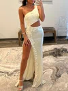 Sheath/Column One Shoulder Sequined Sweep Train Prom Dresses With Flower(s) #UKM020119650