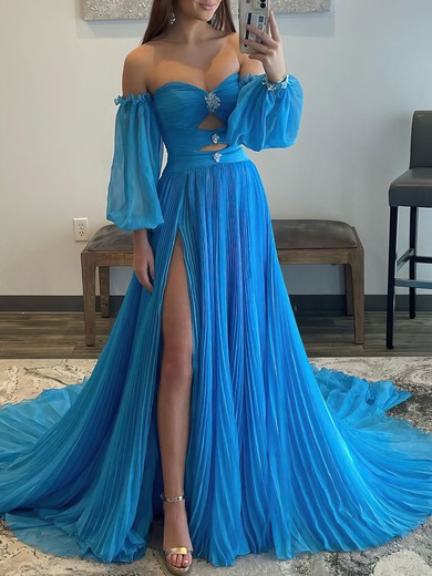 Ball Gown/Princess Off-the-shoulder Chiffon Court Train Prom Dresses With Beading #UKM020119654