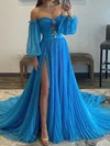 Ball Gown Off-the-shoulder Chiffon Pleated Prom Dresses With Puff Sleeve #UKM020119654