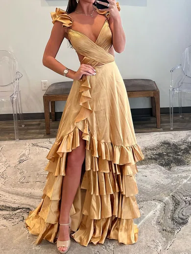 A-line V-neck Cut Out Satin Ruffle Tiered Prom Dresses #UKM020119598