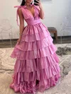Ball Gown/Princess V-neck Glitter Sweep Train Prom Dresses With Bow #UKM020119600