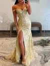 Trumpet/Mermaid Off-the-shoulder Tulle Sweep Train Prom Dresses With Appliques Lace #UKM020119614