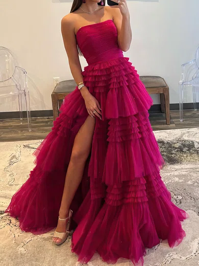 Ball Gown Strapless Tulle Ruffle Tiered Prom Dresses #UKM020119567