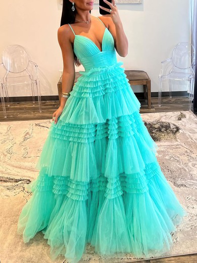 Ball Gown/Princess V-neck Tulle Glitter Sweep Train Prom Dresses With Tiered #UKM020119576