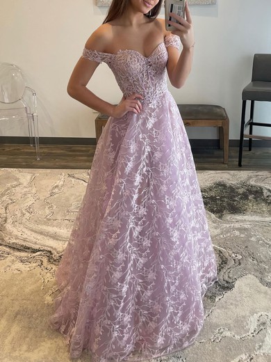 Ball Gown/Princess Off-the-shoulder Lace Floor-length Prom Dresses With Appliques Lace #UKM020119653