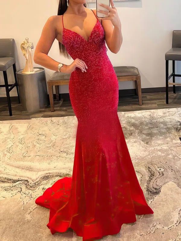 Mermaid V-neck Jersey Beaded Prom Dresses With Ruched #UKM020119569