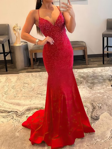 Mermaid V-neck Jersey Beaded Prom Dresses With Ruched #UKM020119569