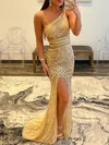 Trumpet/Mermaid One Shoulder Glitter Sweep Train Prom Dresses With Split Front #UKM020119592