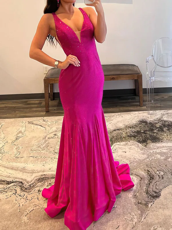 Mermaid V-neck Jersey Backless Beaded Prom Dresses #UKM020119635