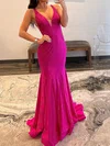 Mermaid V-neck Jersey Backless Beaded Prom Dresses #UKM020119635
