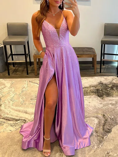 A-line V-neck Jersey Backless Beaded Prom Dresses With Ruched #UKM020119658