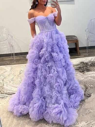 Ball Gown/Princess Off-the-shoulder Tulle Sweep Train Prom Dresses With Ruched #UKM020119582