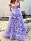 Ball Gown/Princess Off-the-shoulder Tulle Sweep Train Prom Dresses With Ruched #UKM020119582