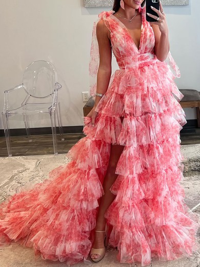 Ball Gown/Princess V-neck Tulle Sweep Train Prom Dresses With Tiered #UKM020119597
