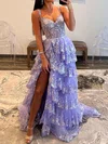 Ball Gown/Princess V-neck Tulle Sweep Train Prom Dresses With Appliques Lace #UKM020119622