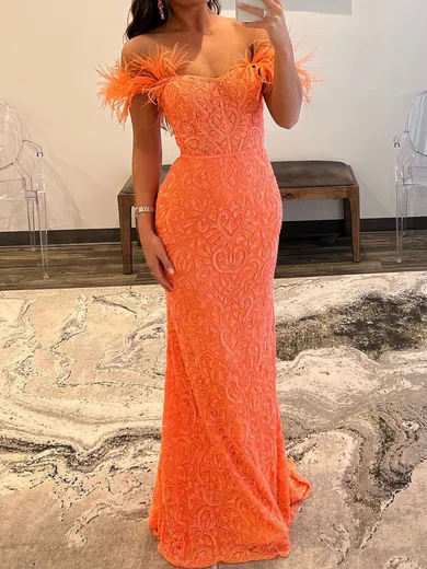 Sheath/Column Off-the-shoulder Lace Prom Dresses With Feather #UKM020119645